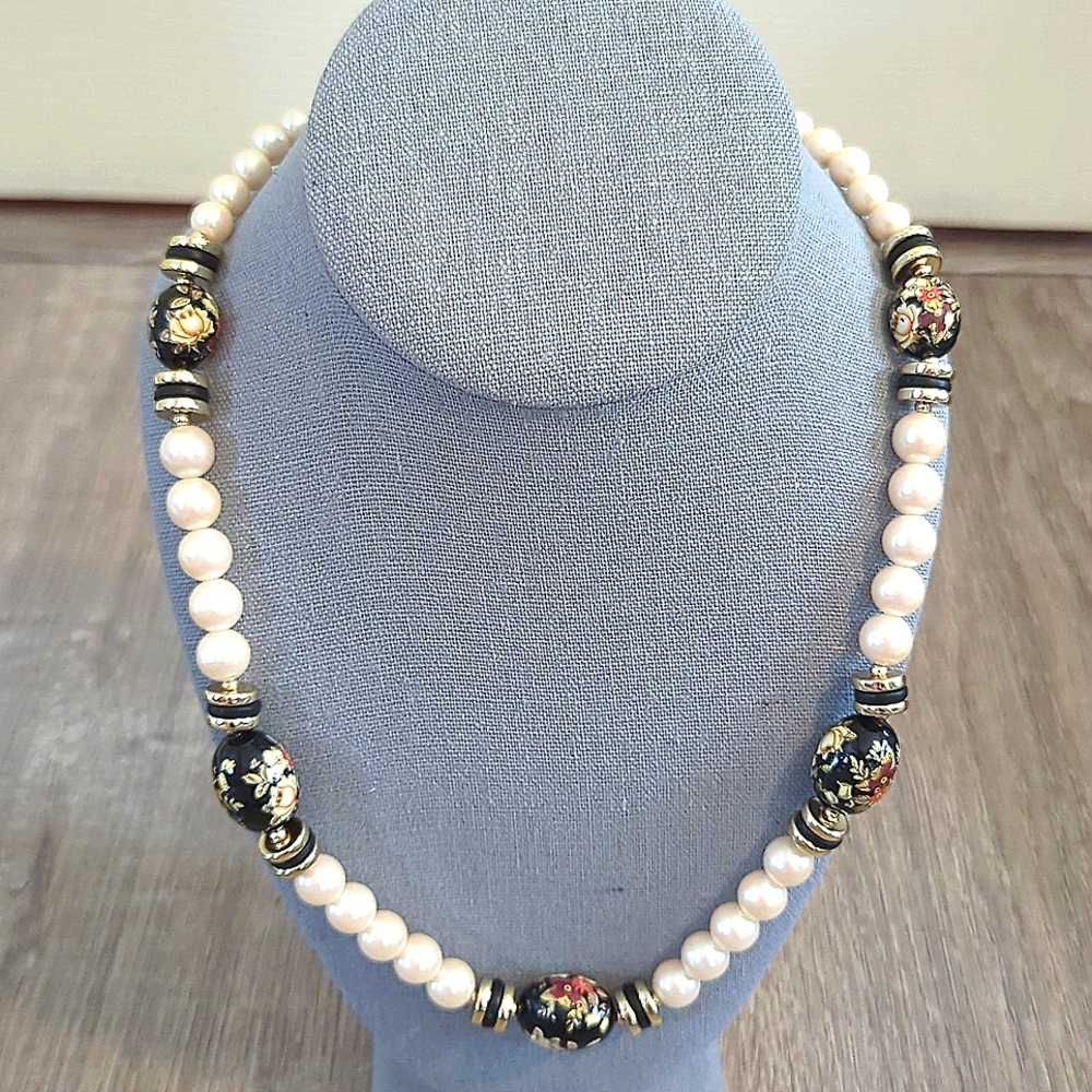 Vintage Cream Pearl and Black Gold Floral Necklace